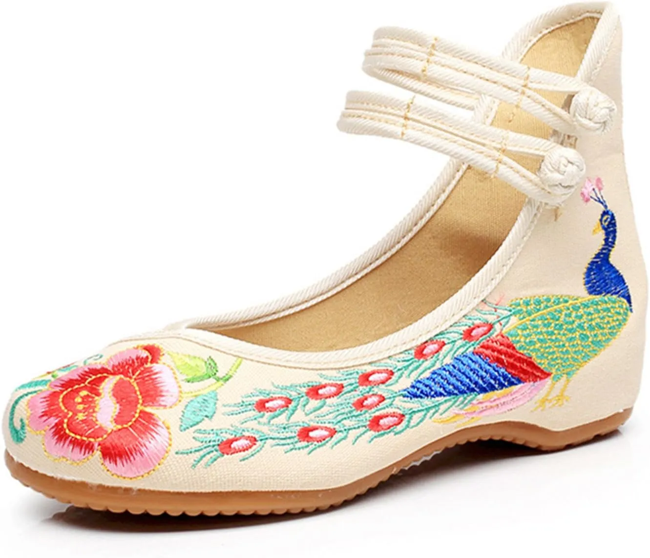 Qhome Women's Chinese Traditional Peacock Embroidered Oxfords Sole Cheongsam Walking Mary Janes Flats