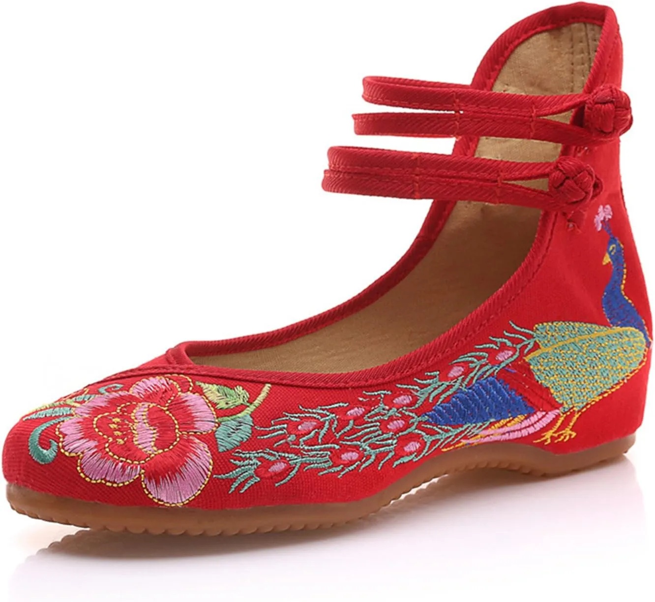 Qhome Women's Chinese Traditional Peacock Embroidered Oxfords Sole Cheongsam Walking Mary Janes Flats