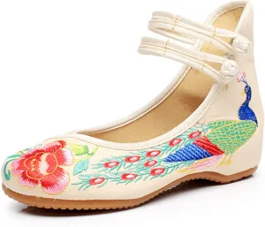 Qhome Women's Chinese Traditional Peacock Embroidered Oxfords Sole Cheongsam Walking Mary Janes Flats