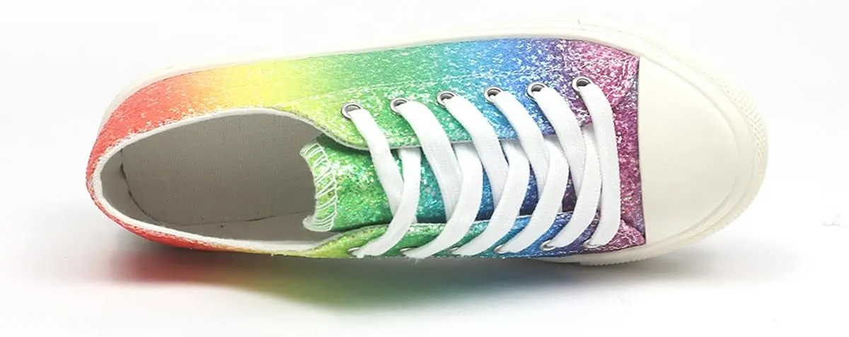 Rainbow Glitter Canvas Sneakers, Low Top Fashion Casual Shoes, White Laces