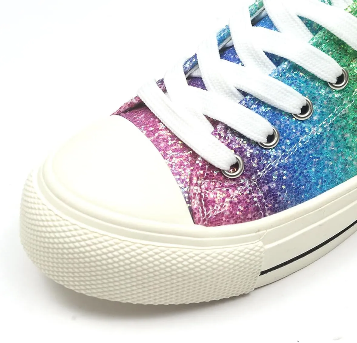 Rainbow Glitter Canvas Sneakers, Low Top Fashion Casual Shoes, White Laces