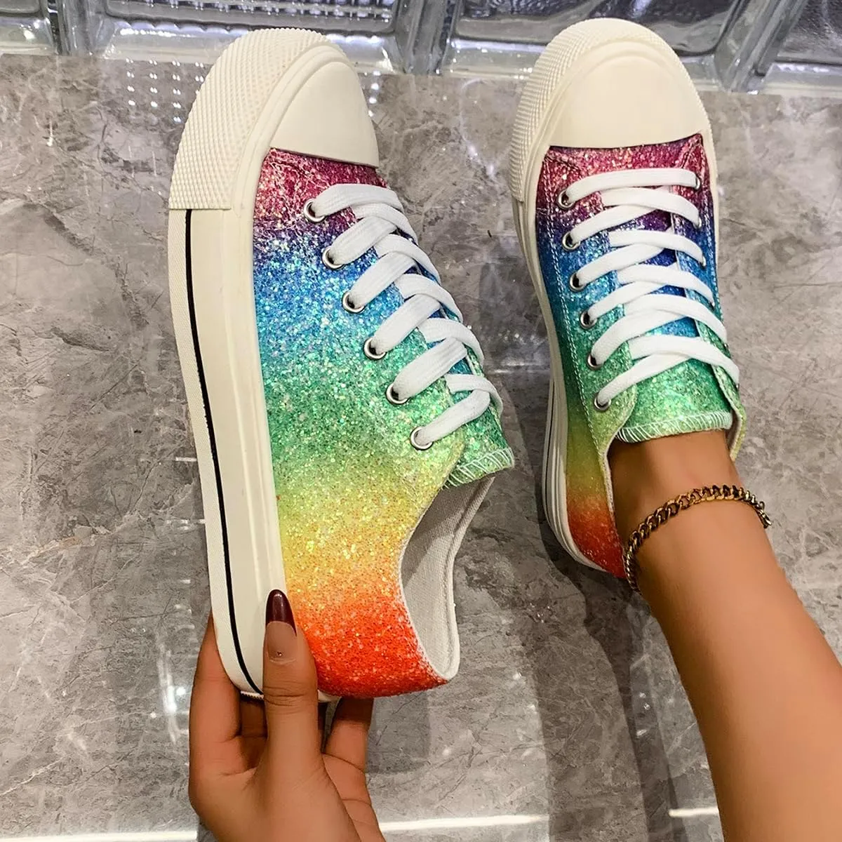 Rainbow Glitter Canvas Sneakers, Low Top Fashion Casual Shoes, White Laces