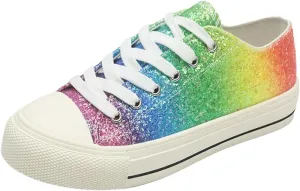 Rainbow Glitter Canvas Sneakers, Low Top Fashion Casual Shoes, White Laces