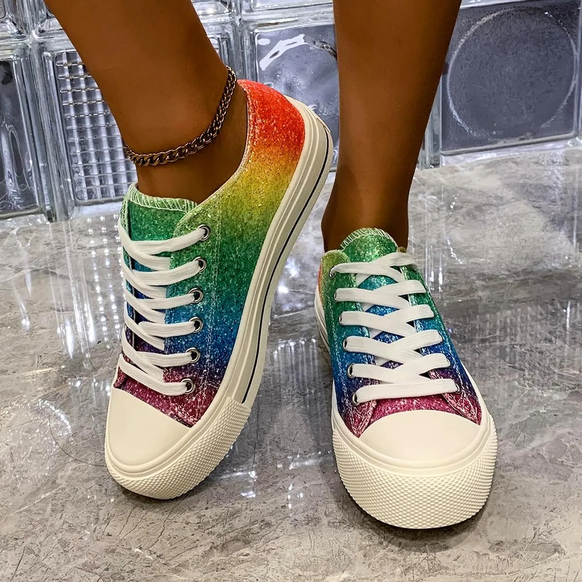 Rainbow Glitter Canvas Sneakers, Low Top Fashion Casual Shoes, White Laces