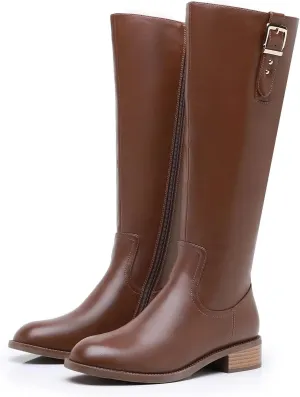 Riding Boots for Women Knee High Boots Round Toe Motorcycle Low Chunky Heel Boots for Women