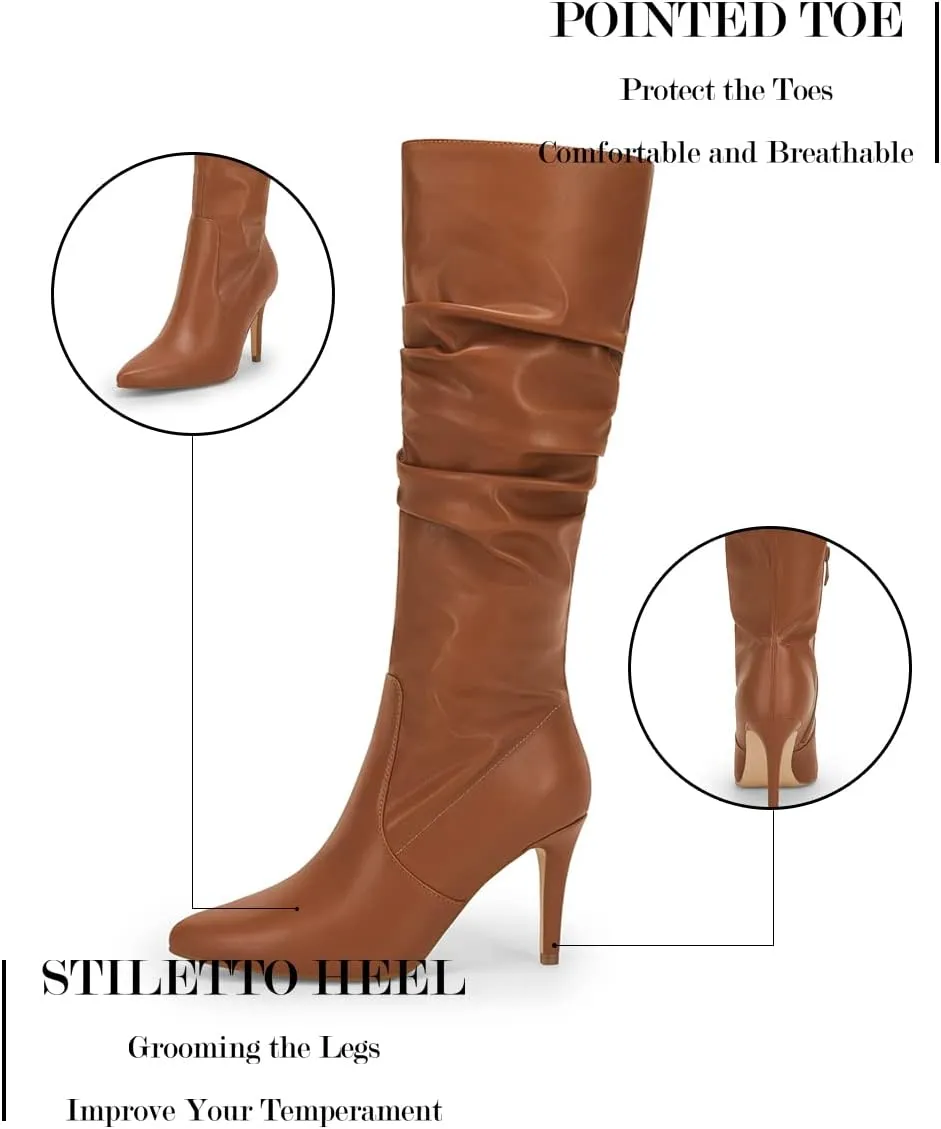 Rilista Womens Knee High Boots Pointed Toe High Heel Fall Fashion Mid Calf Stiletto Booties