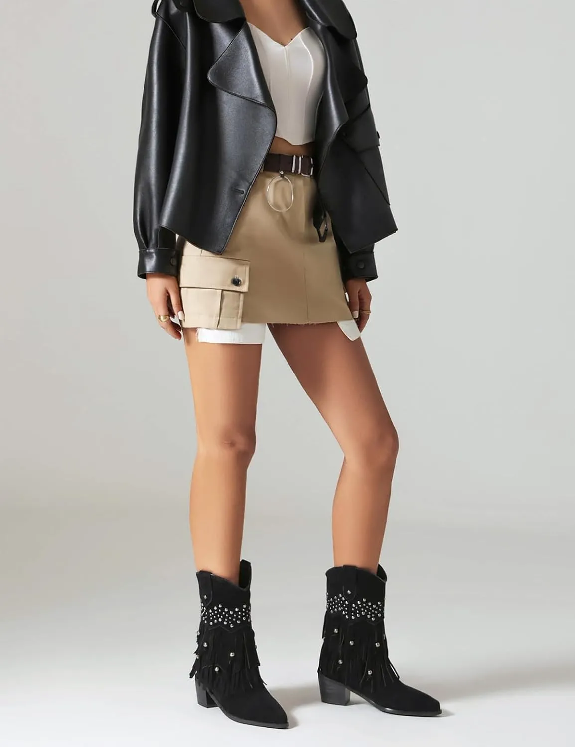 Roimaash Retro Fringe Cowboy Mid Calf Boots For Women Block Heels