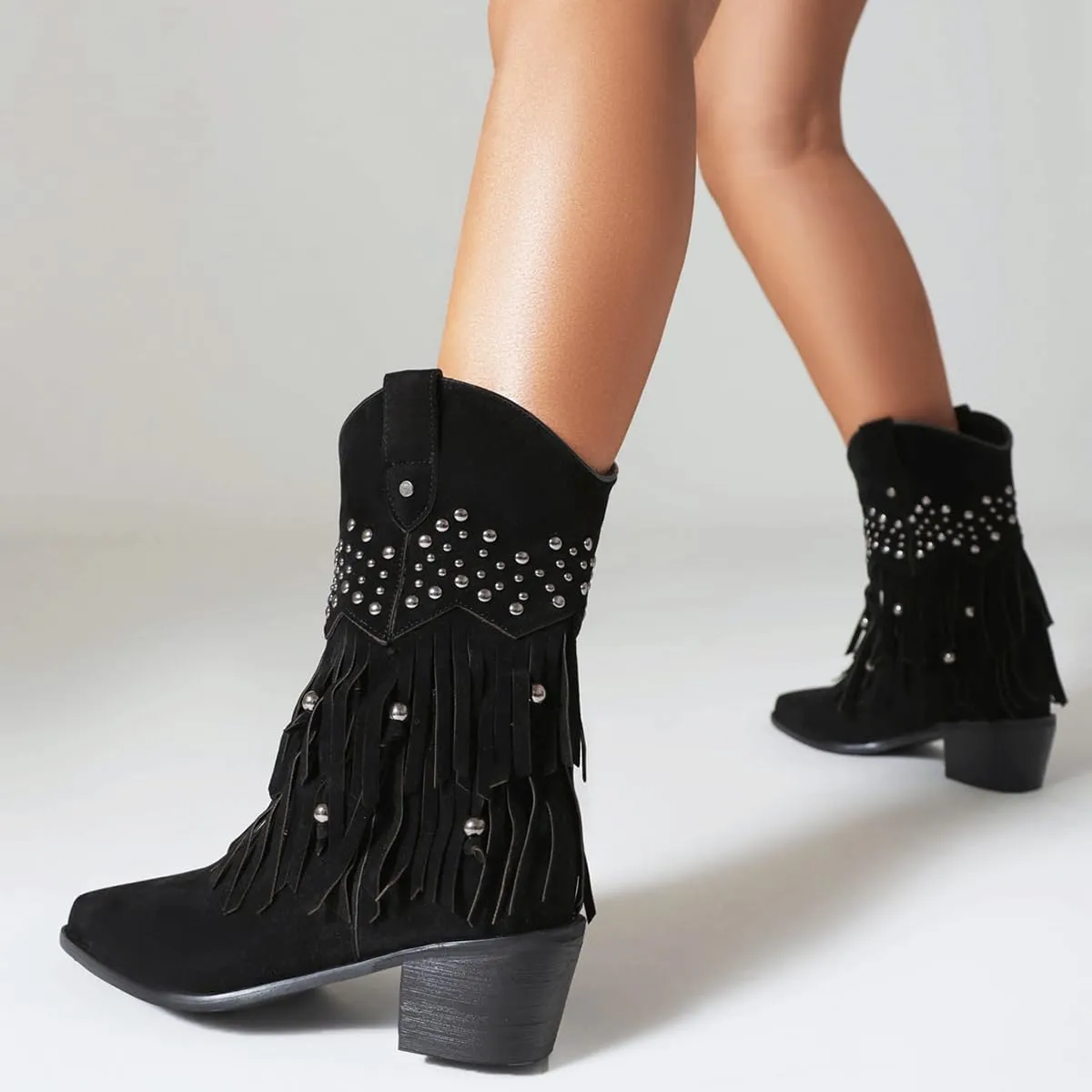 Roimaash Retro Fringe Cowboy Mid Calf Boots For Women Block Heels