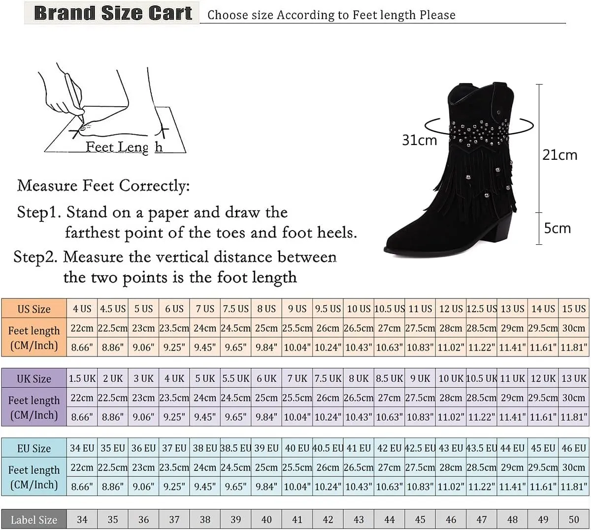 Roimaash Retro Fringe Cowboy Mid Calf Boots For Women Block Heels