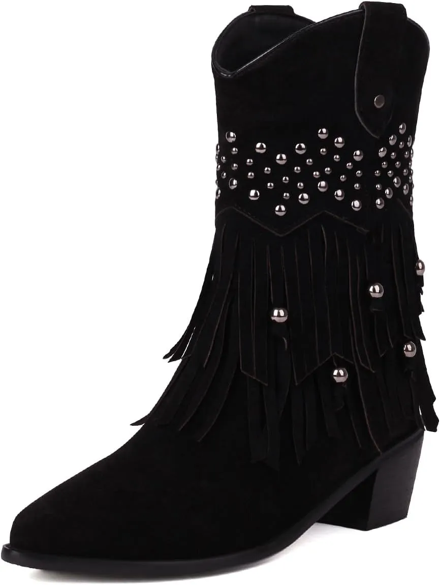 Roimaash Retro Fringe Cowboy Mid Calf Boots For Women Block Heels