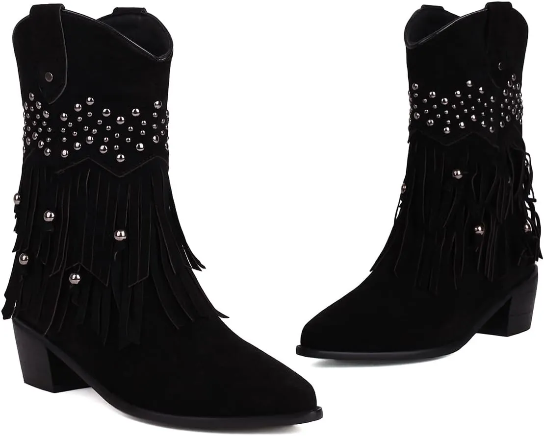 Roimaash Retro Fringe Cowboy Mid Calf Boots For Women Block Heels