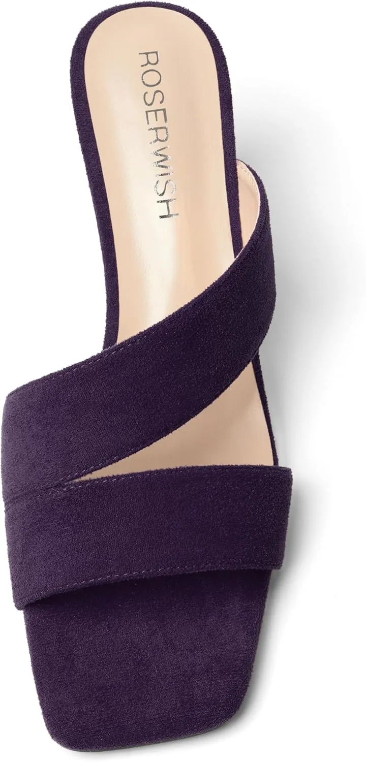 ROSERWISH Womens Fahion Dating Suede Slip On Open Toe Dress Chunky Low Heel Heeled Sandals 2 Inch