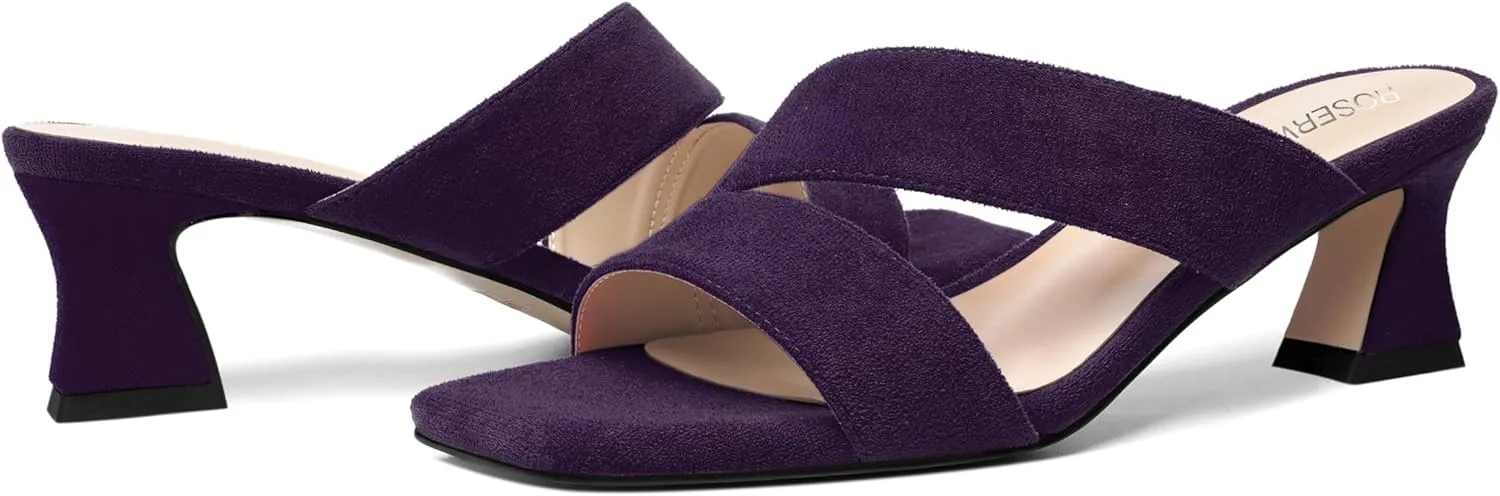 ROSERWISH Womens Fahion Dating Suede Slip On Open Toe Dress Chunky Low Heel Heeled Sandals 2 Inch