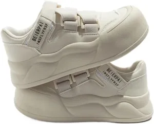 Round-Toe Hook & Loop Bread Chunky Sneakers for Women & Girls - Y2K Retro Cute Kawaii Shoes, Comfy Thick Sole White Casual Trainers for Campus Life, Beach Travel, Back to School, Minimalist Streetwear