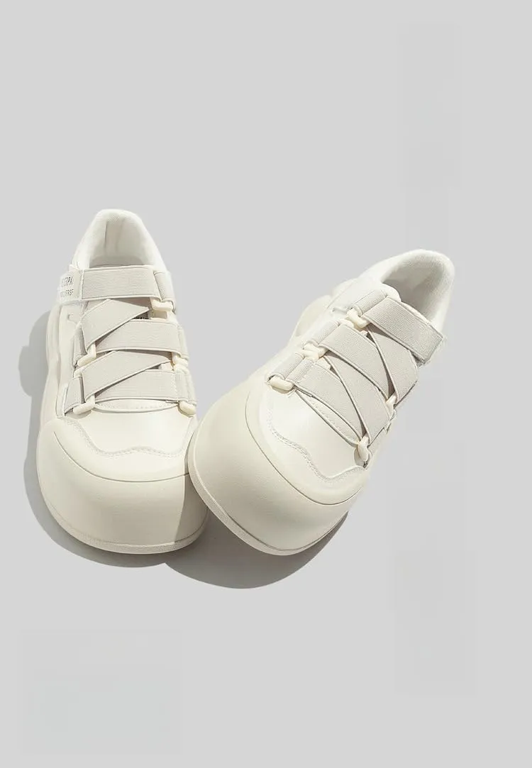 Round-Toe Hook & Loop Bread Chunky Sneakers for Women & Girls - Y2K Retro Cute Kawaii Shoes, Comfy Thick Sole White Casual Trainers for Campus Life, Beach Travel, Back to School, Minimalist Streetwear
