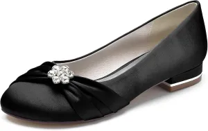Round Toe Satin Flats Wedding Shoes for Bride Comfortable Bridal Flats Rhinestones Prom Evening Party Dress Pumps for Women Black Size 10.5