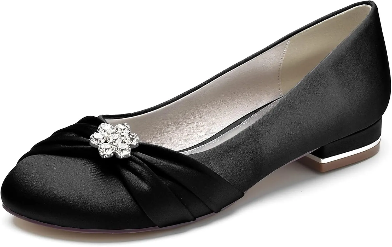 Round Toe Satin Flats Wedding Shoes for Bride Comfortable Bridal Flats Rhinestones Prom Evening Party Dress Pumps for Women Black Size 10.5