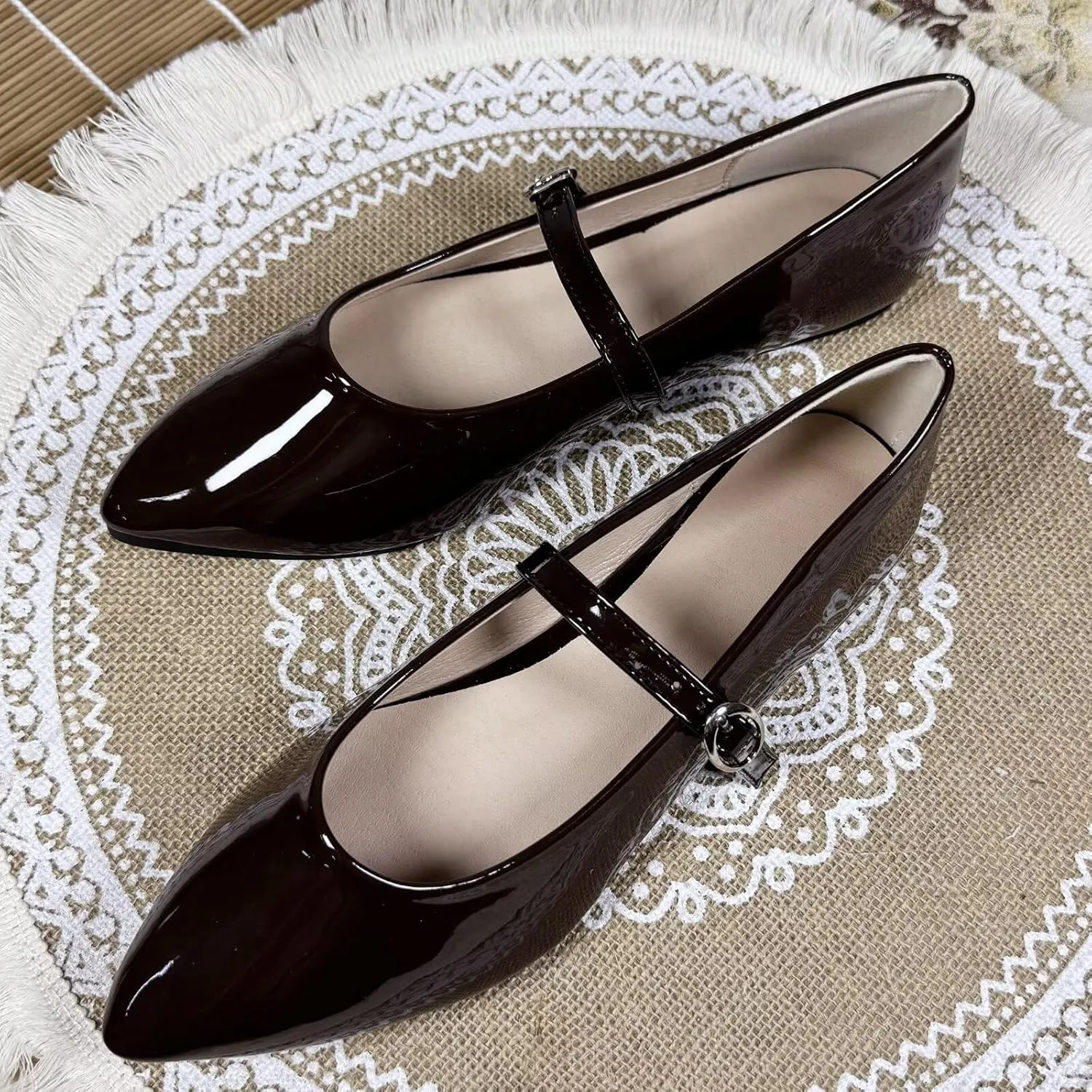 SAILING LU Women's Pointy Toe Mary Jane Flats PU Leather Buckle Fashion Vintage Wedding Dress Flats Shoes