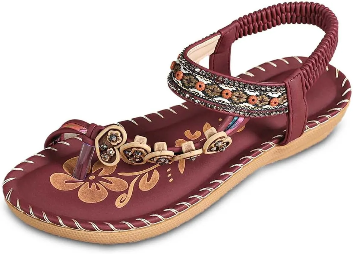 Sandals For Women 2025 Bohemian Flat Sandals with Ankle Elastic Strap Beach Flat Beaded Diamond Clip-On Women's Sandal for Vacation Dress
