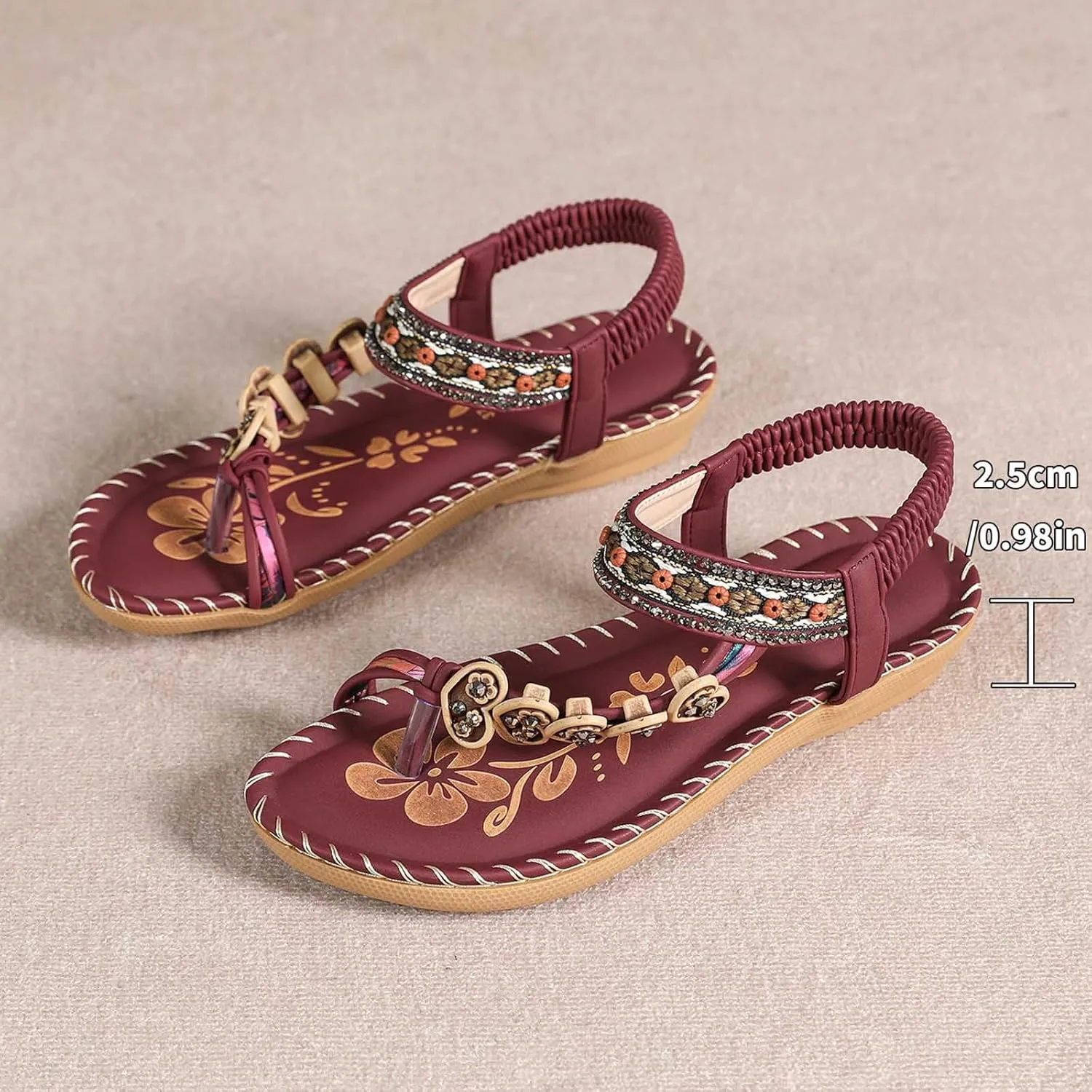 Sandals For Women 2025 Bohemian Flat Sandals with Ankle Elastic Strap Beach Flat Beaded Diamond Clip-On Women's Sandal for Vacation Dress