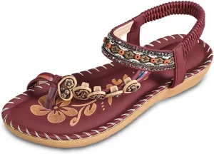 Sandals For Women 2025 Bohemian Flat Sandals with Ankle Elastic Strap Beach Flat Beaded Diamond Clip-On Women's Sandal for Vacation Dress