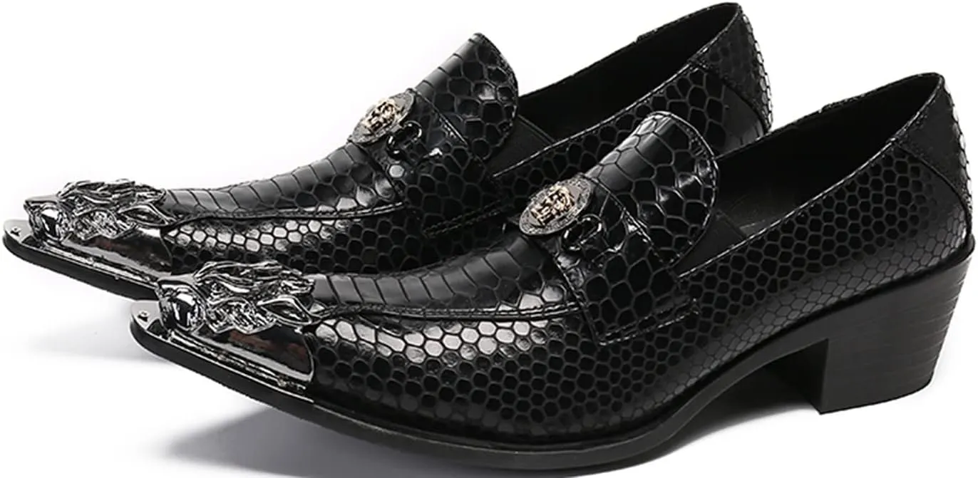 Santimon Men's Leather Loafers Lion Metal Tip Western Slip-On Beaded Crystals Fashion Party Ballroom Wedding Shoes