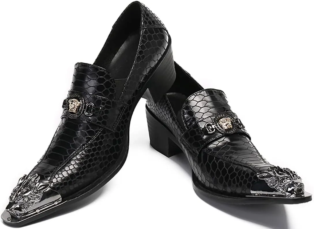 Santimon Men's Leather Loafers Lion Metal Tip Western Slip-On Beaded Crystals Fashion Party Ballroom Wedding Shoes