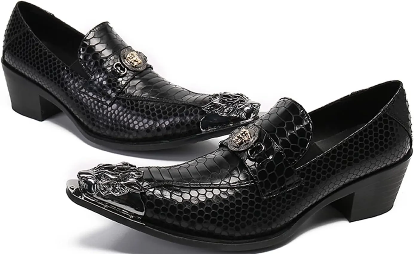 Santimon Men's Leather Loafers Lion Metal Tip Western Slip-On Beaded Crystals Fashion Party Ballroom Wedding Shoes
