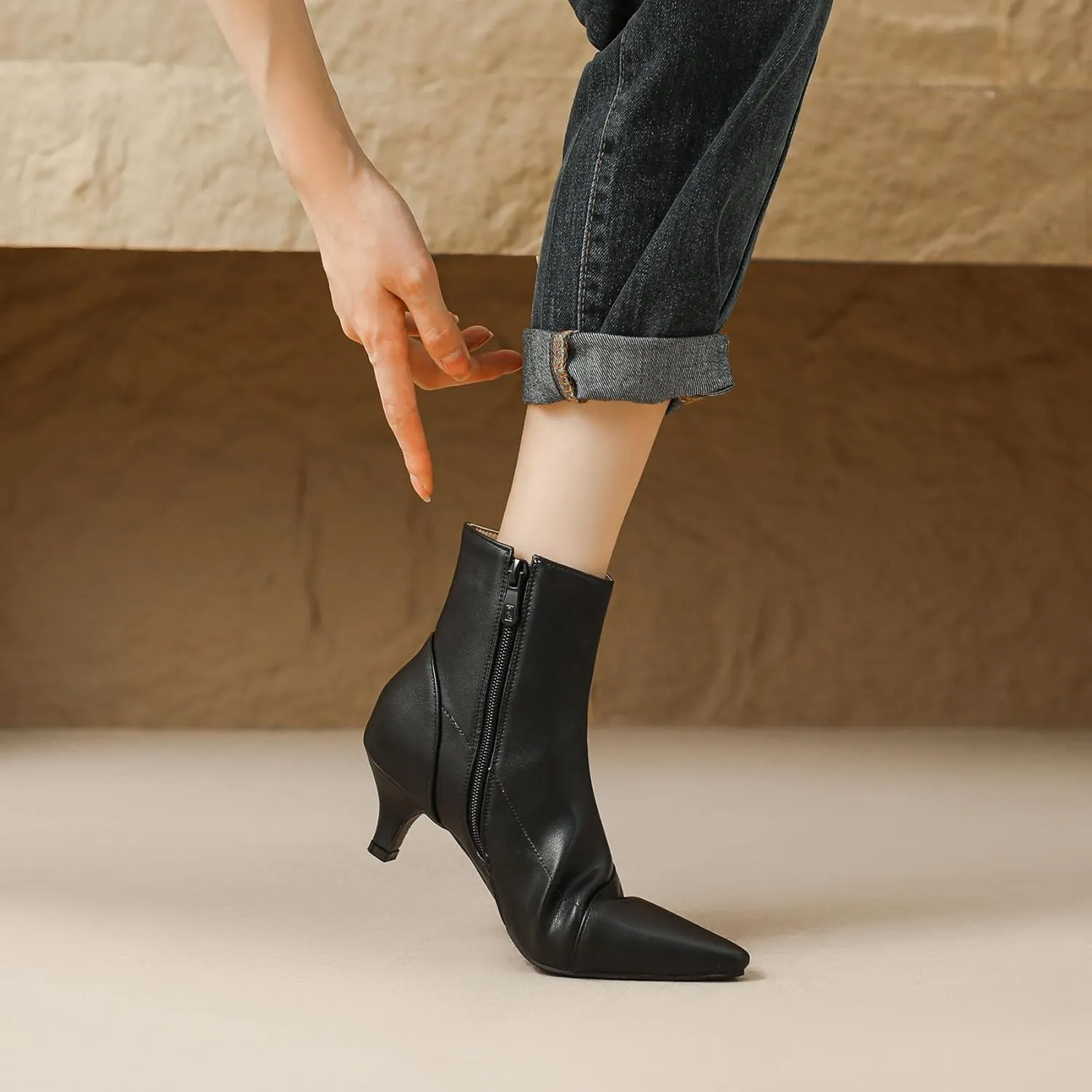 SHEMEE Fashion Womens Kitten Heels Ankle Boots Sexy Pointy Toe Booties Mid Heels Zipper Work Party Dress Shoes