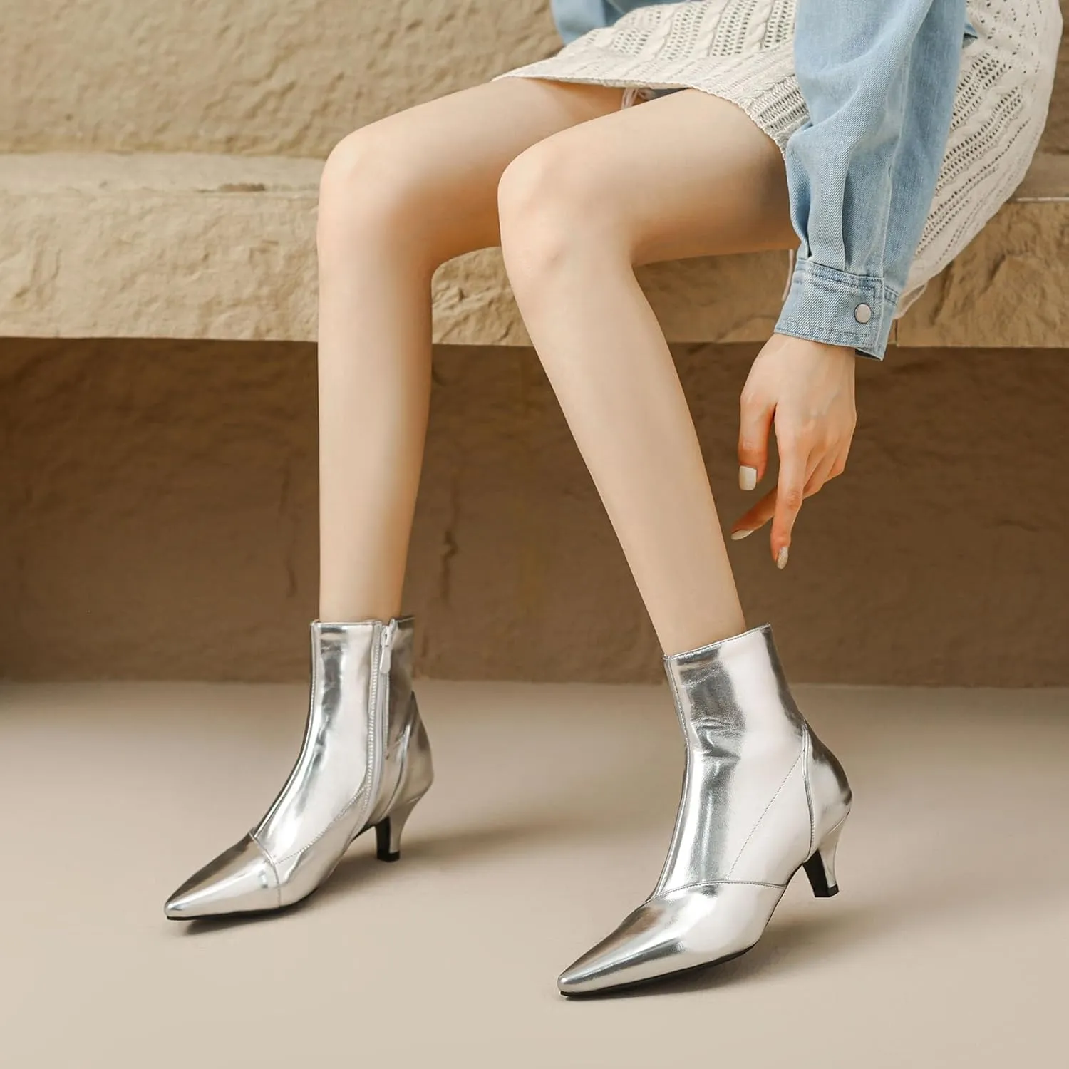 SHEMEE Fashion Womens Kitten Heels Ankle Boots Sexy Pointy Toe Booties Mid Heels Zipper Work Party Dress Shoes