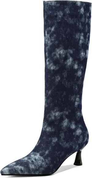SHEMEE Women's Denim Knee High Boots Kitten Heels Pointed Toe Dress Jeans Mid-Calf Boots Zipper Tall Boots
