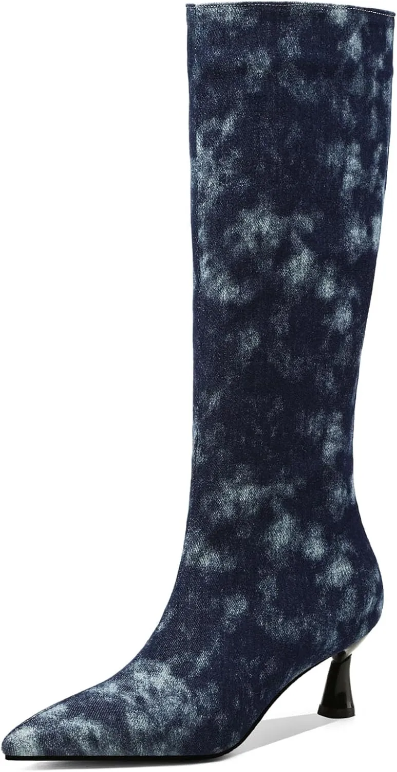 SHEMEE Women's Denim Knee High Boots Kitten Heels Pointed Toe Dress Jeans Mid-Calf Boots Zipper Tall Boots