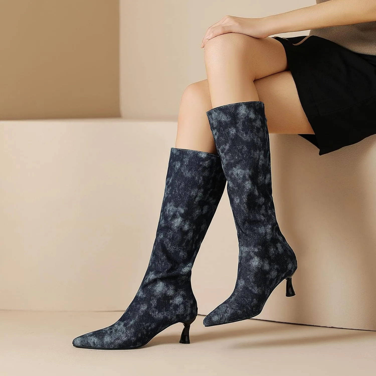 SHEMEE Women's Denim Knee High Boots Kitten Heels Pointed Toe Dress Jeans Mid-Calf Boots Zipper Tall Boots