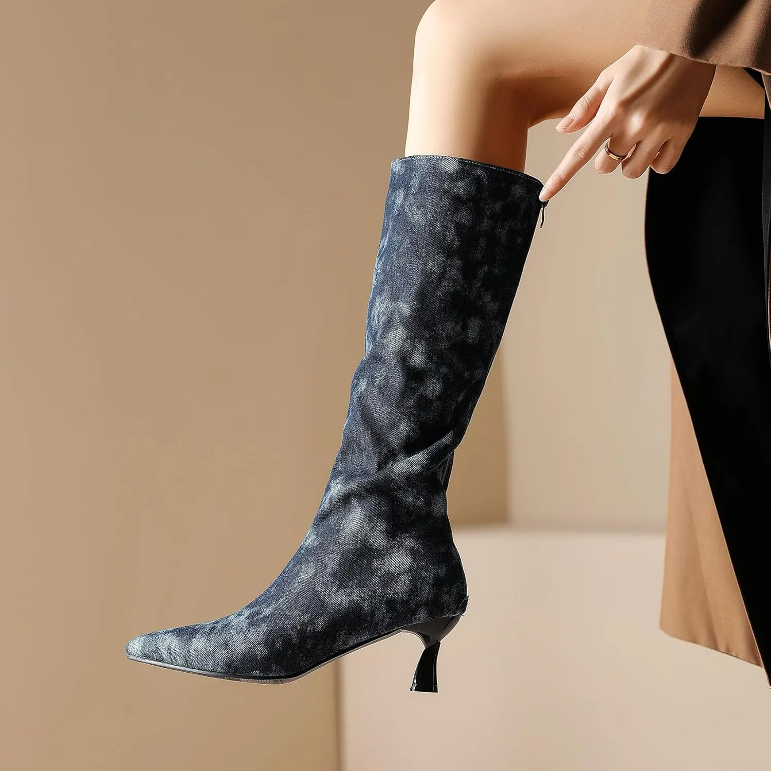 SHEMEE Women's Denim Knee High Boots Kitten Heels Pointed Toe Dress Jeans Mid-Calf Boots Zipper Tall Boots