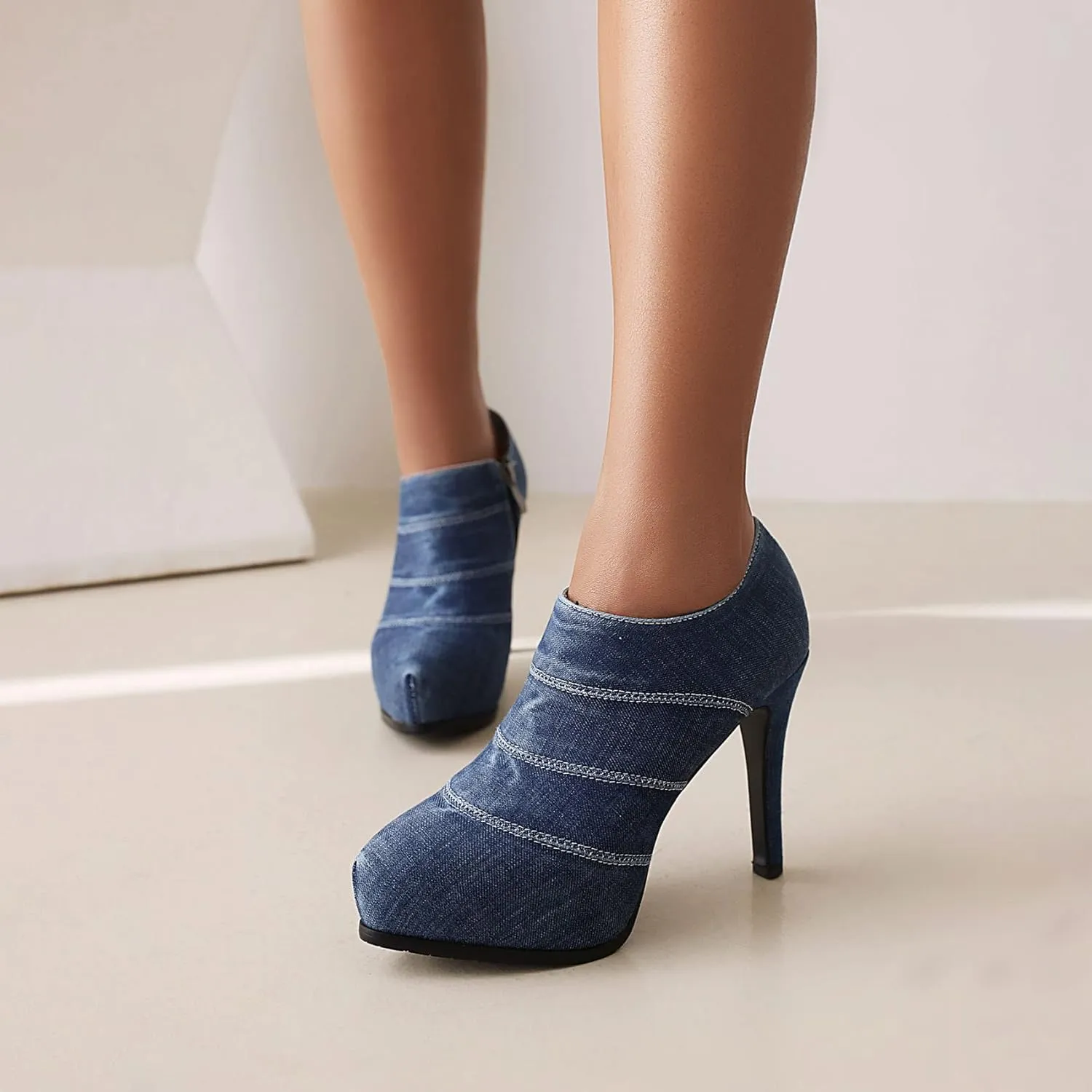 SHEMEE Women's Platform Stiletto High Heel Ankle Booties Thin Heels Pumps Side Zip Short Boots Shoes