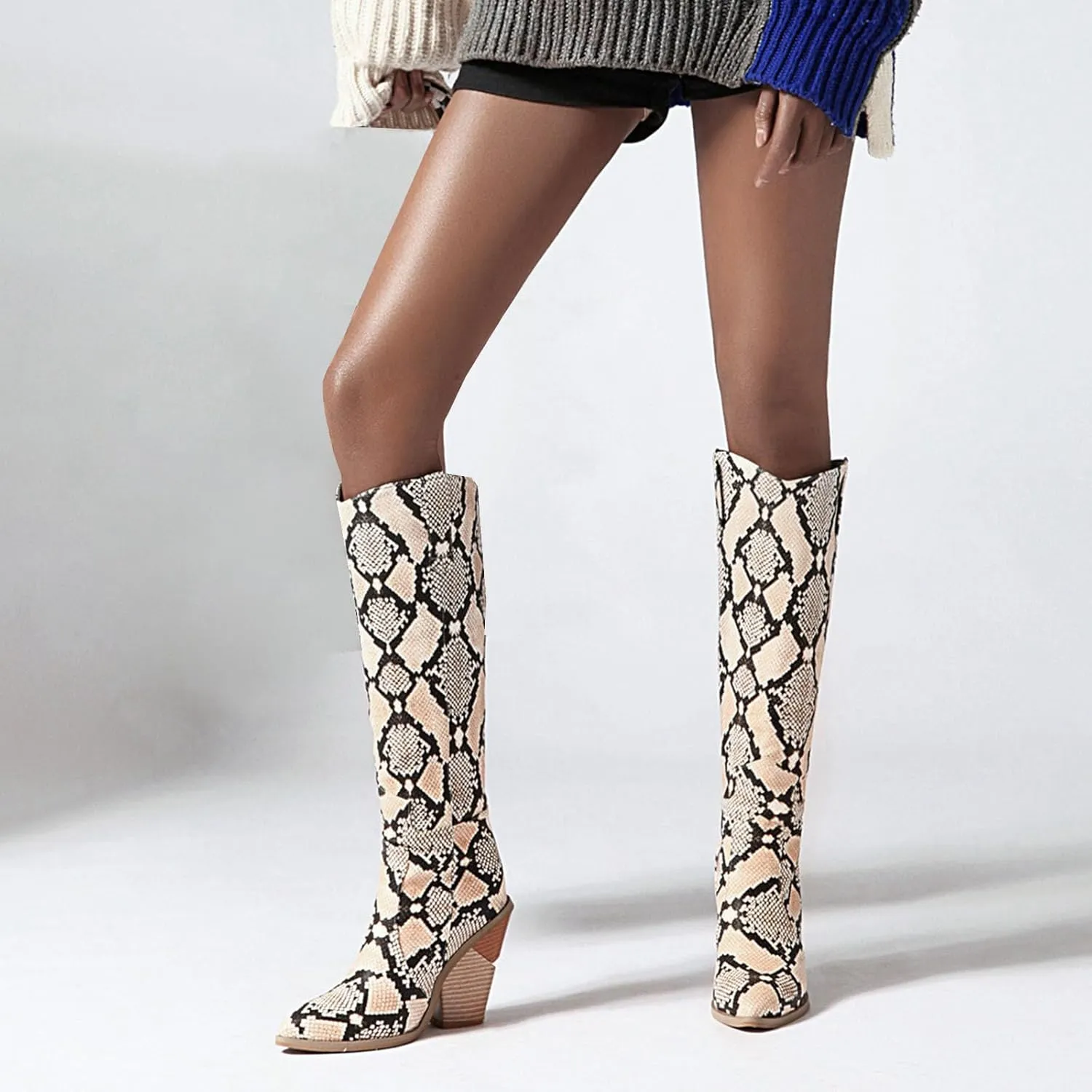 SHEMEE Women's Snake Skin Knee High Boots Chunky Heels Western Cowboy Cowgirl Boots Snakeskin Print Block Heeled Tall Boots
