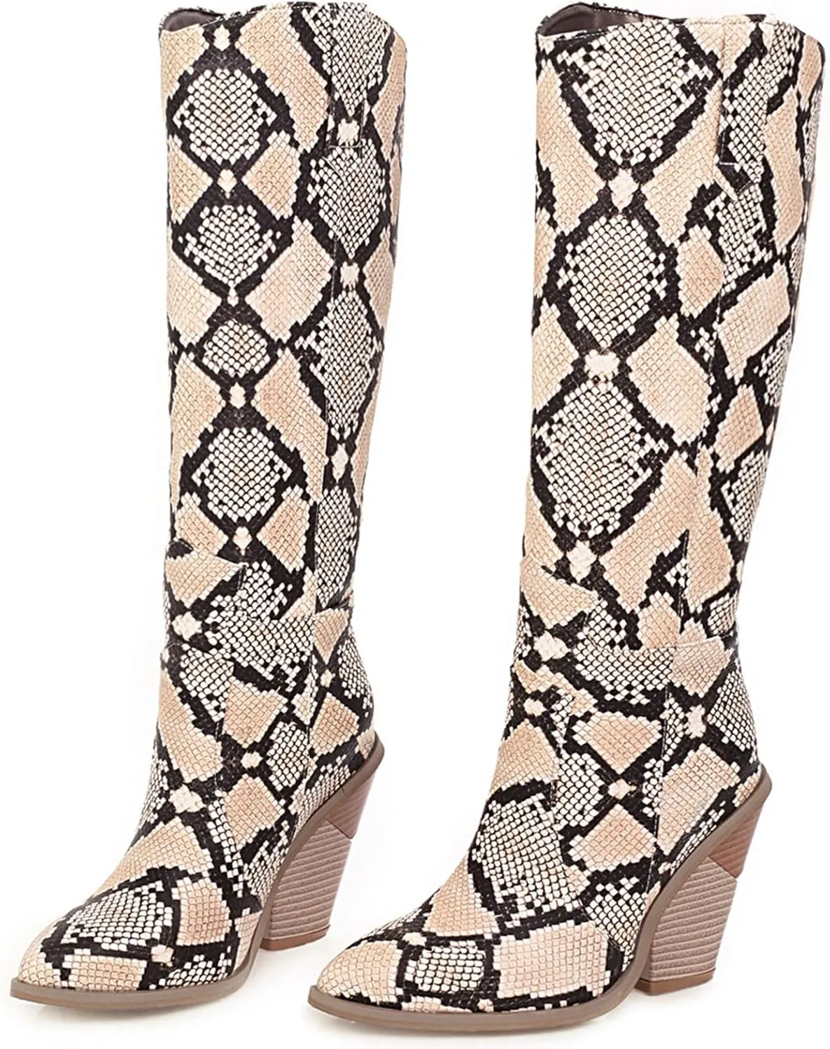 SHEMEE Women's Snake Skin Knee High Boots Chunky Heels Western Cowboy Cowgirl Boots Snakeskin Print Block Heeled Tall Boots