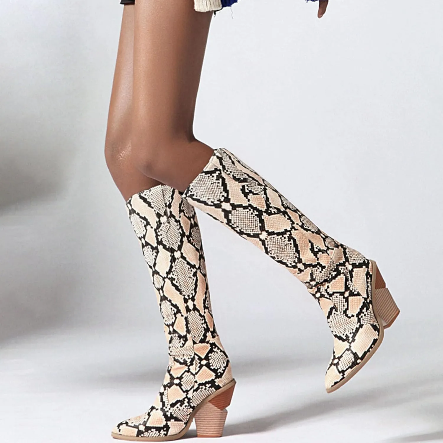 SHEMEE Women's Snake Skin Knee High Boots Chunky Heels Western Cowboy Cowgirl Boots Snakeskin Print Block Heeled Tall Boots