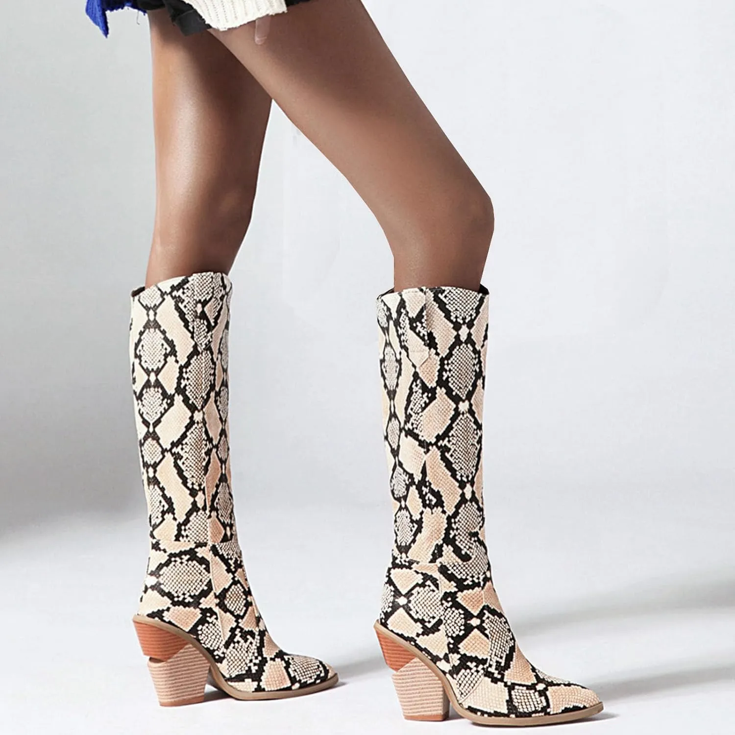 SHEMEE Women's Snake Skin Knee High Boots Chunky Heels Western Cowboy Cowgirl Boots Snakeskin Print Block Heeled Tall Boots