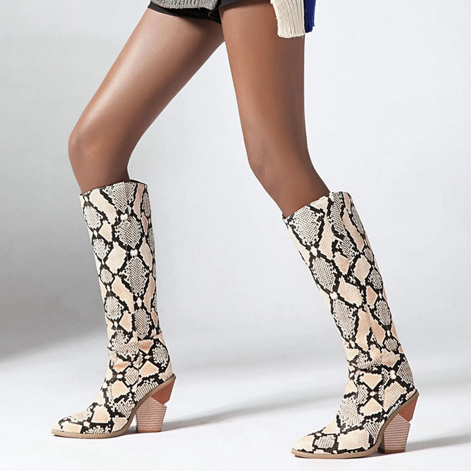 SHEMEE Women's Snake Skin Knee High Boots Chunky Heels Western Cowboy Cowgirl Boots Snakeskin Print Block Heeled Tall Boots