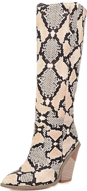 SHEMEE Women's Snake Skin Knee High Boots Chunky Heels Western Cowboy Cowgirl Boots Snakeskin Print Block Heeled Tall Boots