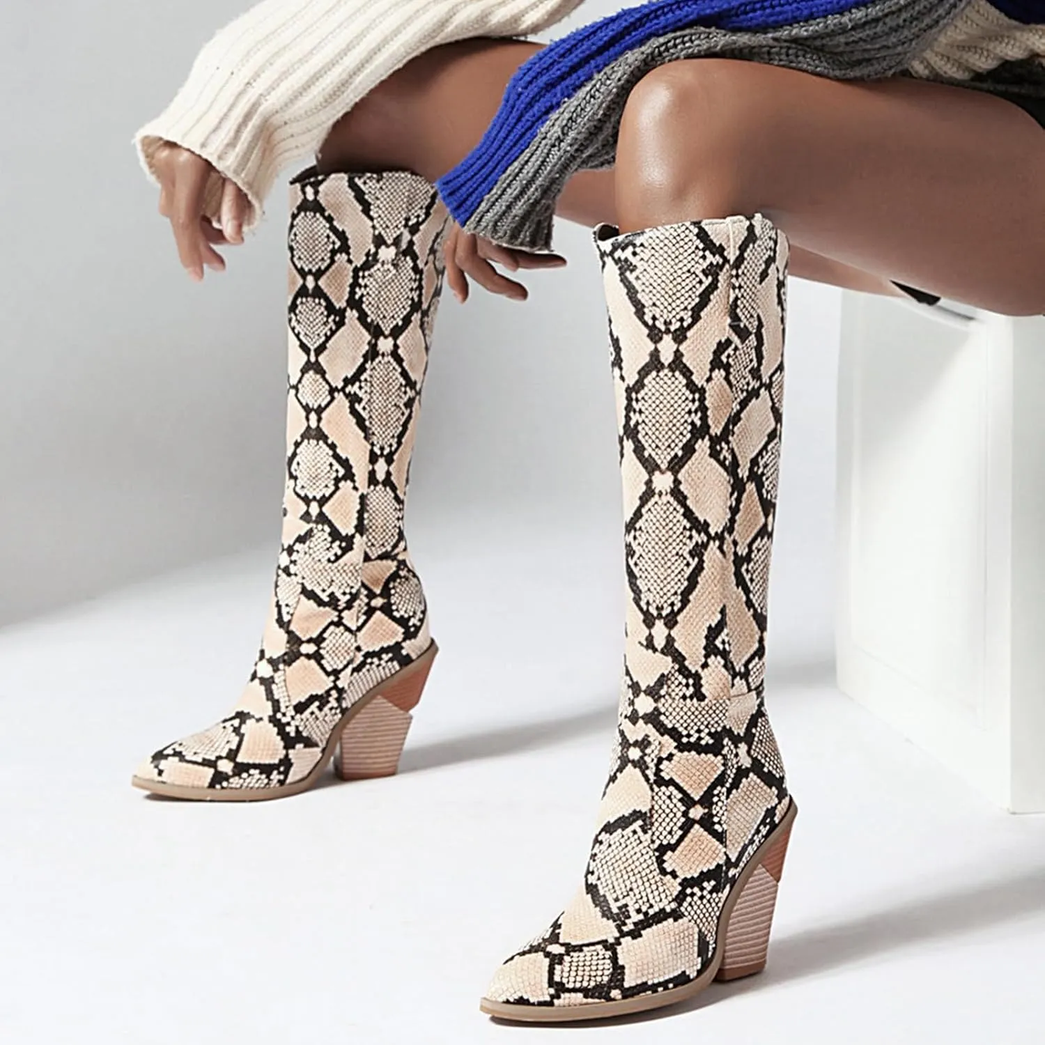 SHEMEE Women's Snake Skin Knee High Boots Chunky Heels Western Cowboy Cowgirl Boots Snakeskin Print Block Heeled Tall Boots