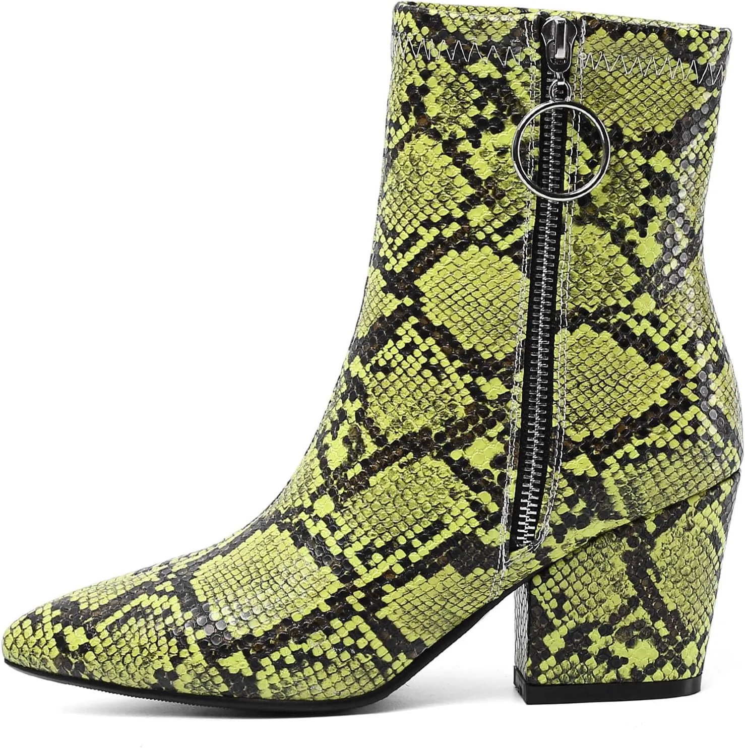 SHEMEE Women's Snakeskin Chunky High Heels Booties Pointed Toe Block Heel Snake Print Side Zipper Ankle Boots Fashion Dress Shoes