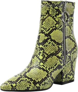 SHEMEE Women's Snakeskin Chunky High Heels Booties Pointed Toe Block Heel Snake Print Side Zipper Ankle Boots Fashion Dress Shoes