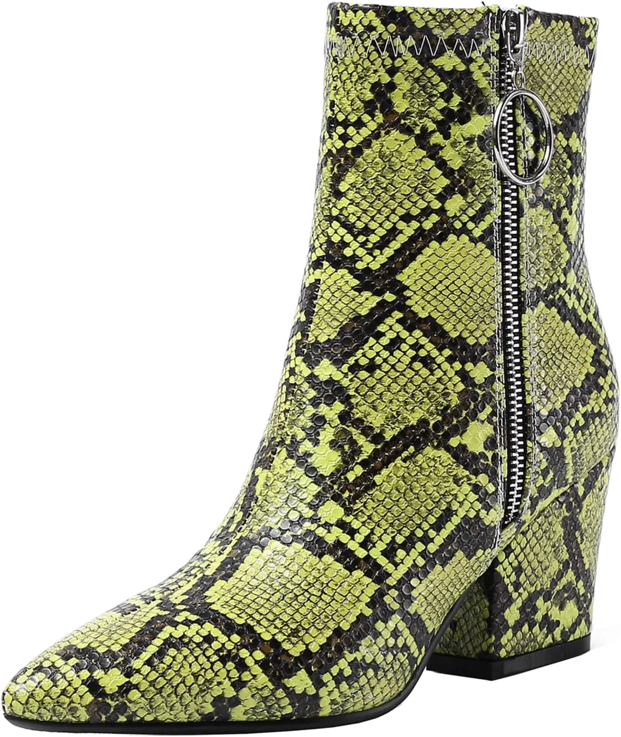 SHEMEE Women's Snakeskin Chunky High Heels Booties Pointed Toe Block Heel Snake Print Side Zipper Ankle Boots Fashion Dress Shoes