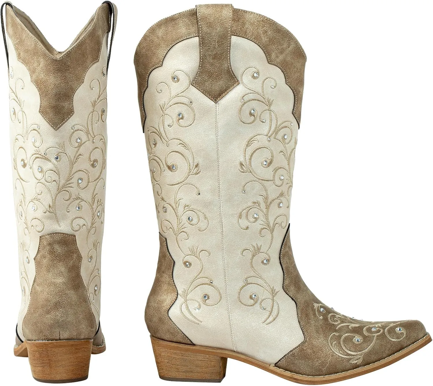 SheSole Women's Rhinestones Cowgirl Cowboy Boots Western Country Wedding Wide Calf Floral Embroidery Boot