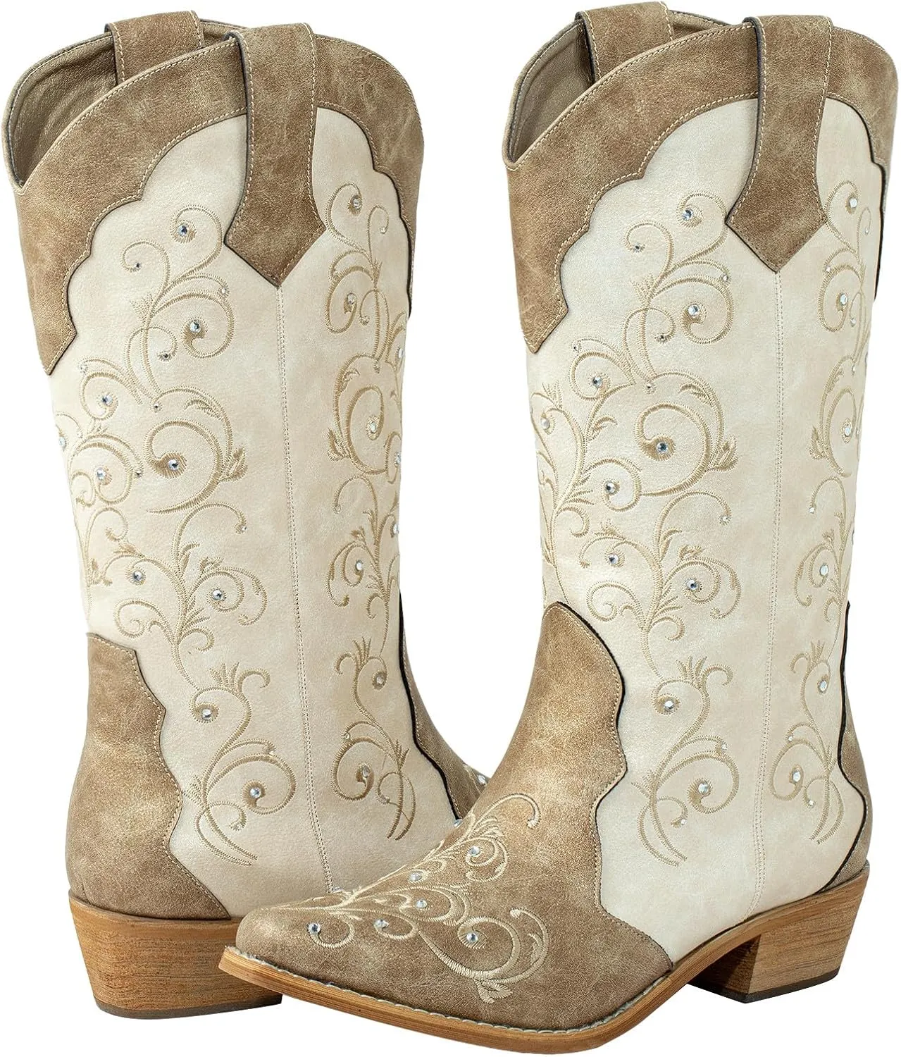 SheSole Women's Rhinestones Cowgirl Cowboy Boots Western Country Wedding Wide Calf Floral Embroidery Boot