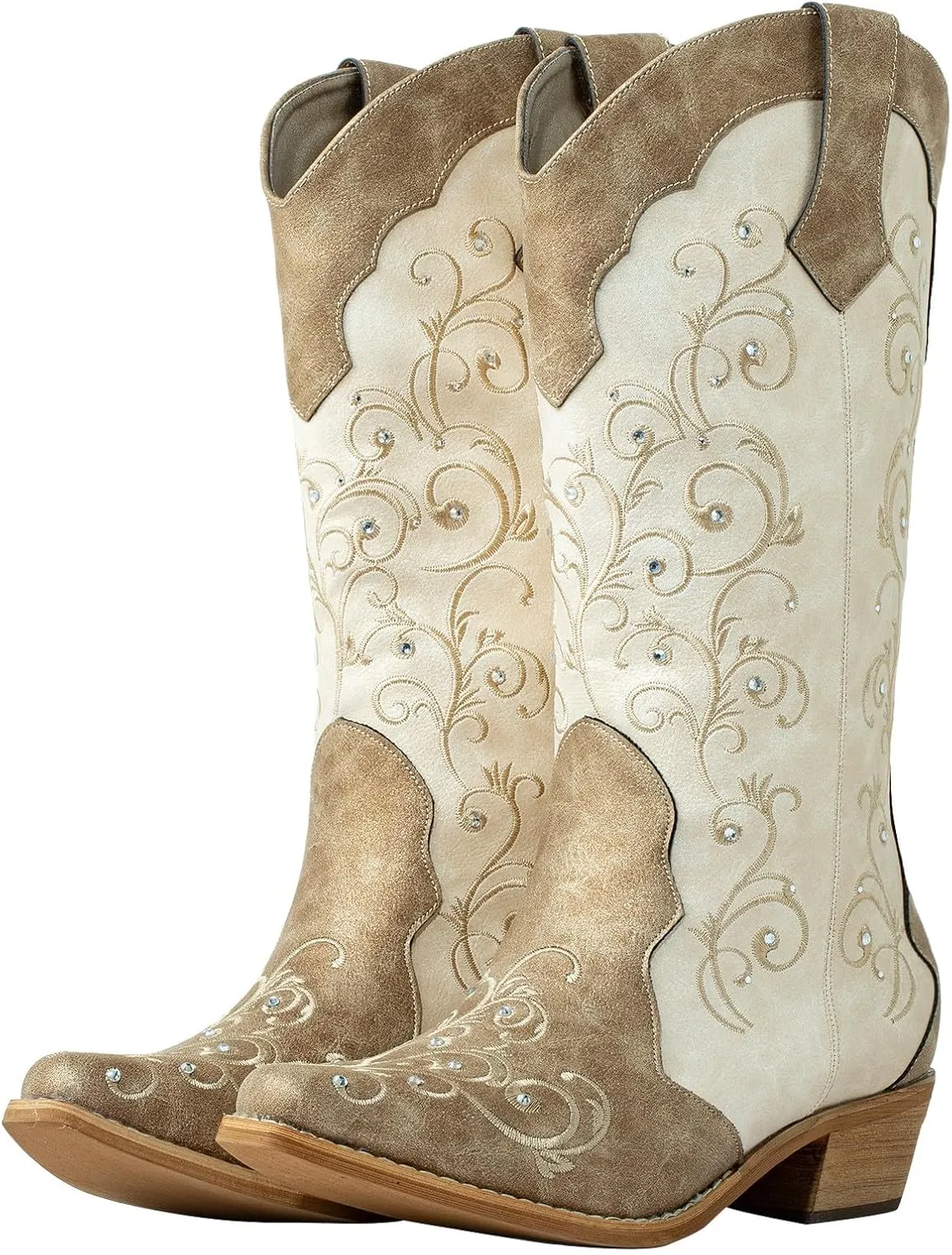 SheSole Women's Rhinestones Cowgirl Cowboy Boots Western Country Wedding Wide Calf Floral Embroidery Boot
