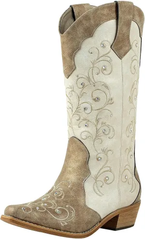 SheSole Women's Rhinestones Cowgirl Cowboy Boots Western Country Wedding Wide Calf Floral Embroidery Boot