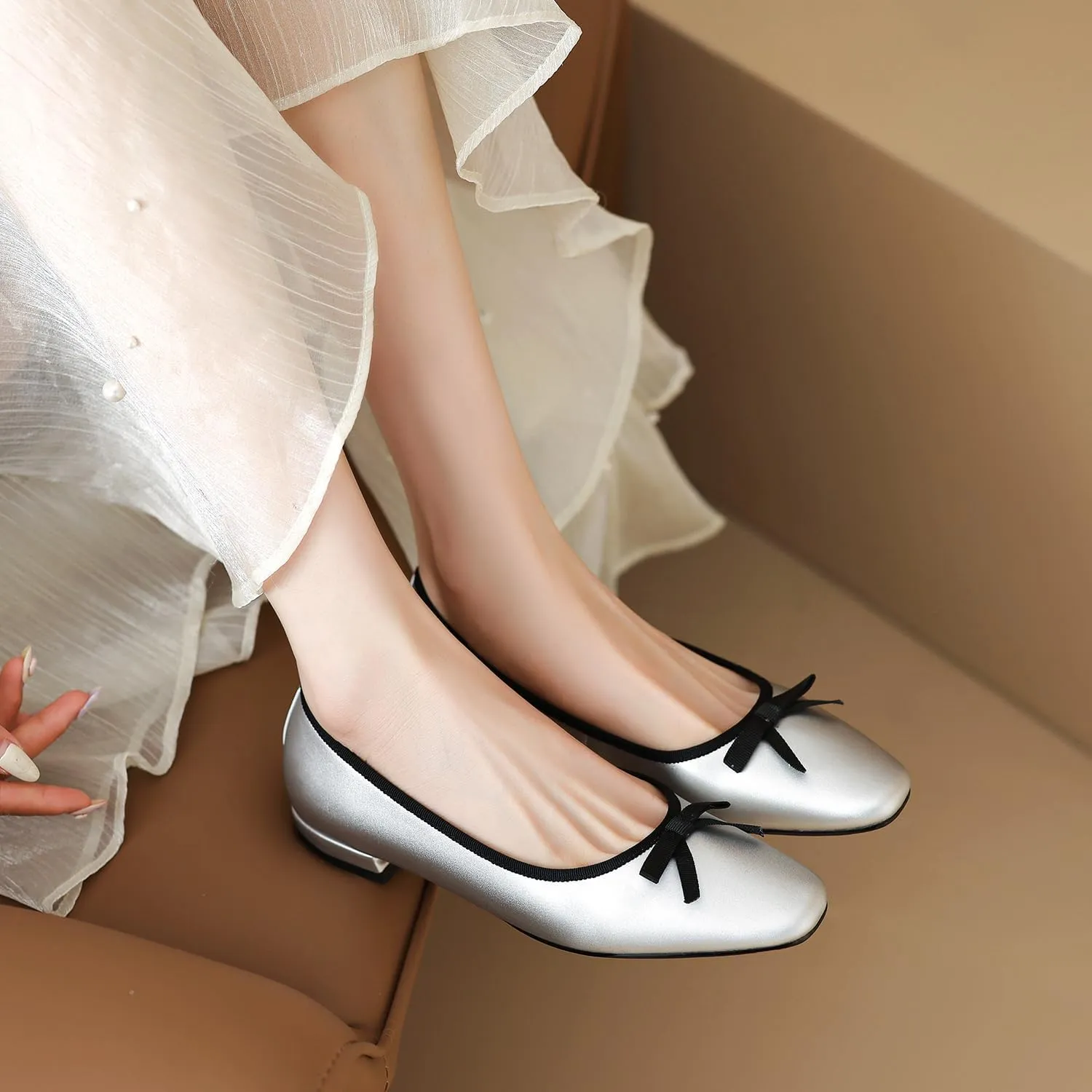 SHODENSE Women Satin Bow Flats Round Toe Slip On Ballet Flats Comfortable 1 inch Flat Heel Dress Shoes Slide in Bow Satin Flat Shoes Casual Wedding Bridal Flats Drive Street Retro 4-11 M US